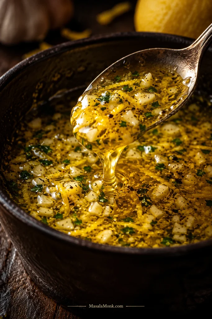 Close-up of melted butter with olive oil, chopped garlic, lemon zest and herbs being lifted with a spoon.