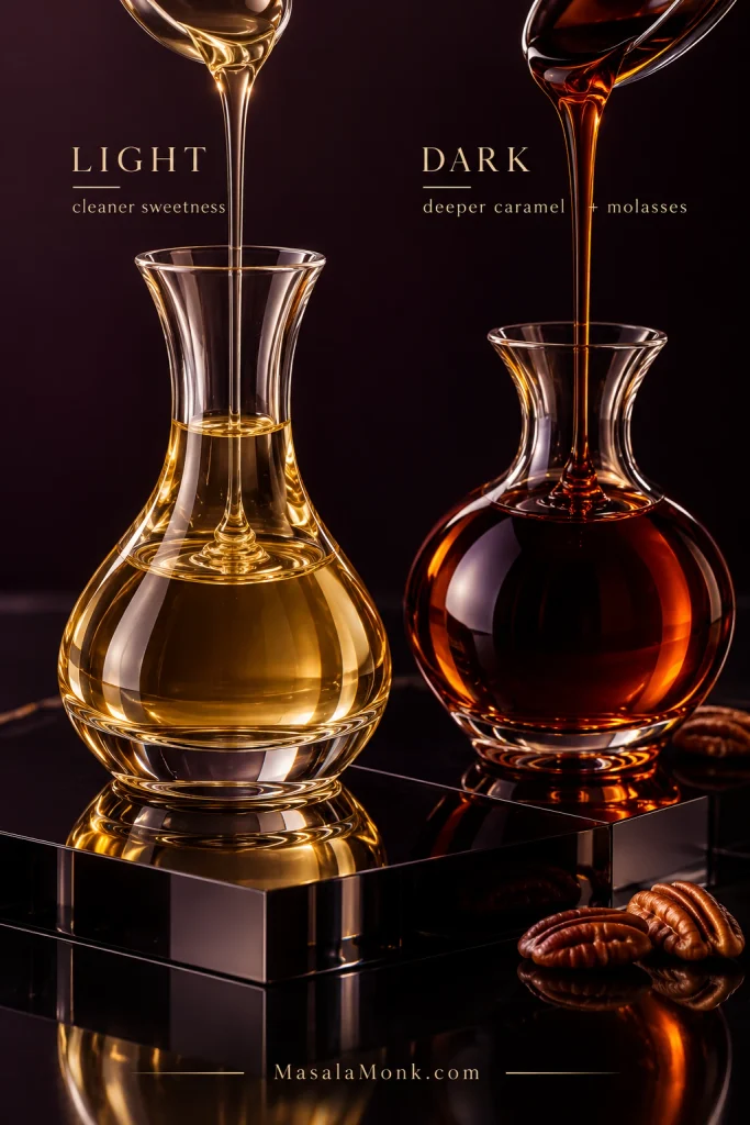 Two glass vessels compare pale golden light corn syrup with deeper mahogany dark corn syrup, labeled with their different flavor profiles.