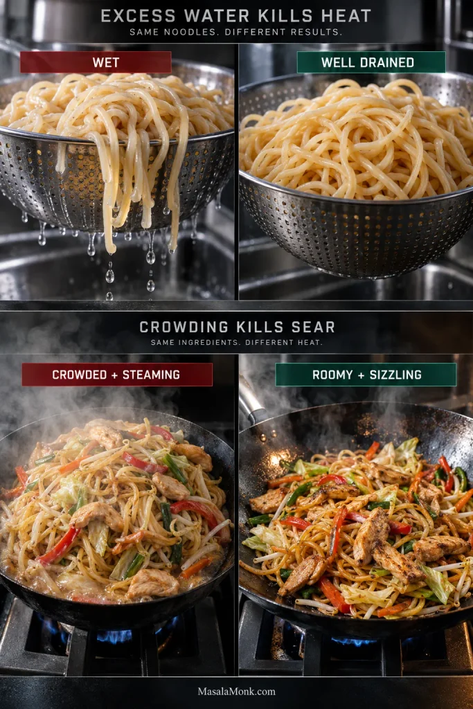 Four-panel comparison showing wet dripping noodles beside well-drained noodles, then a crowded steaming pan beside a wider, roomier sizzling pan of chicken lo mein.