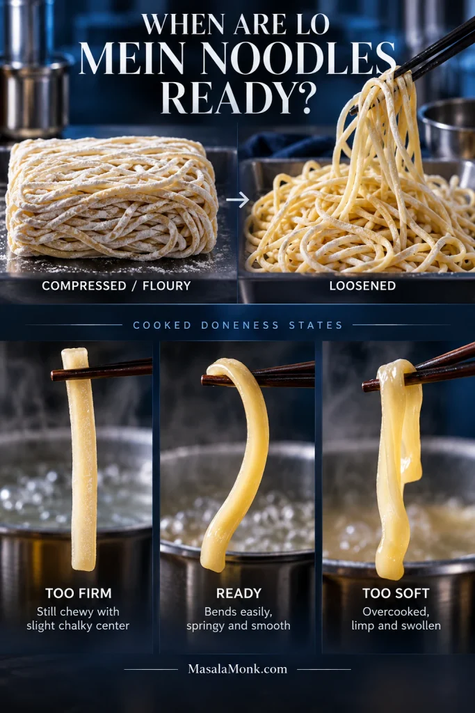 Fresh noodle guide showing a compressed floury noodle block, loosened strands, and cooked noodles labeled too firm, ready and too soft.