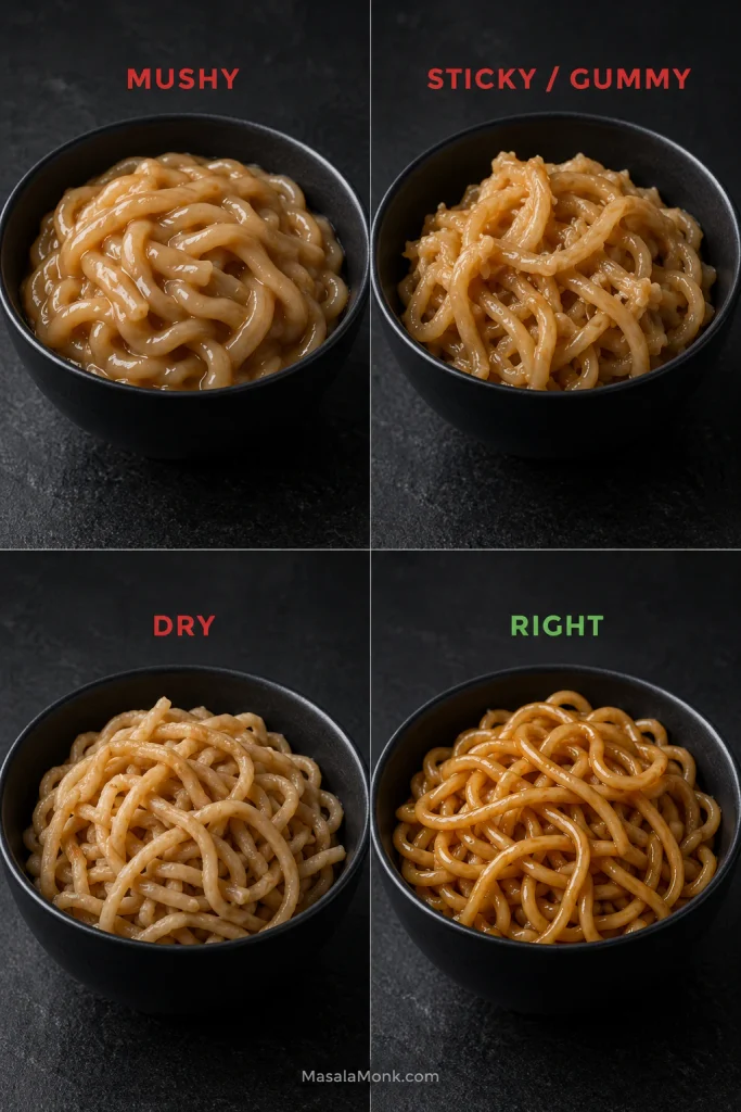 Four matching black bowls compare mushy noodles, sticky or gummy noodles, dry noodles and properly cooked loose glossy lo mein noodles.