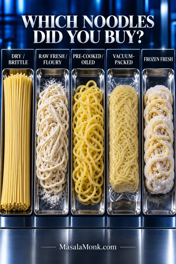 Five noodle types displayed in metal trays and labeled dry and brittle, raw fresh and floury, pre-cooked and oiled, vacuum-packed, and frozen fresh.