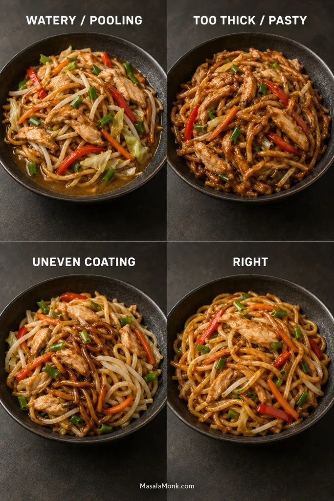 Four matching bowls compare chicken lo mein with watery pooled sauce, overly thick pasty sauce, uneven patchy coating and an evenly coated glossy finish.