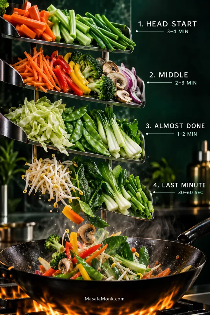 Four descending metal trays group stir-fry vegetables by cooking time, from thick carrots and firm green vegetables to cabbage, bean sprouts, leafy greens and scallions above a hot wok.