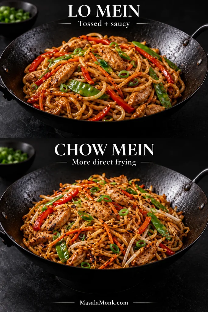 Two matched wok photos compare glossy chicken lo mein with drier chicken chow mein showing more browned and toasted areas on the noodles.