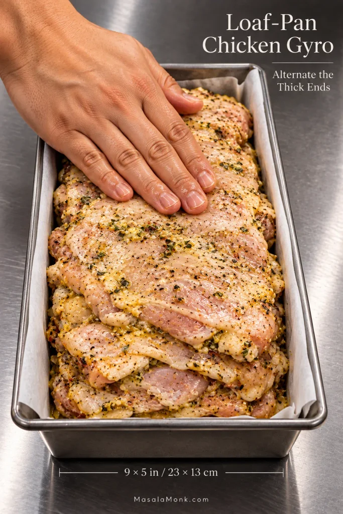 Parchment-lined loaf pan packed tightly with broad marinated chicken thighs layered over one another.