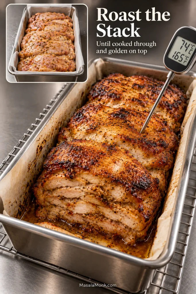 Roasted layered chicken in a loaf pan with an instant-read thermometer inserted into the central meat and showing 165°F or 74°C.