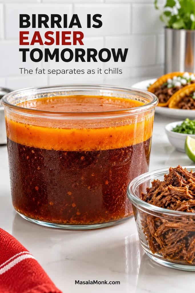 Chilled birria consommé in a clear container with a firm orange-red fat layer on top and shredded birria beef stored separately beside it.