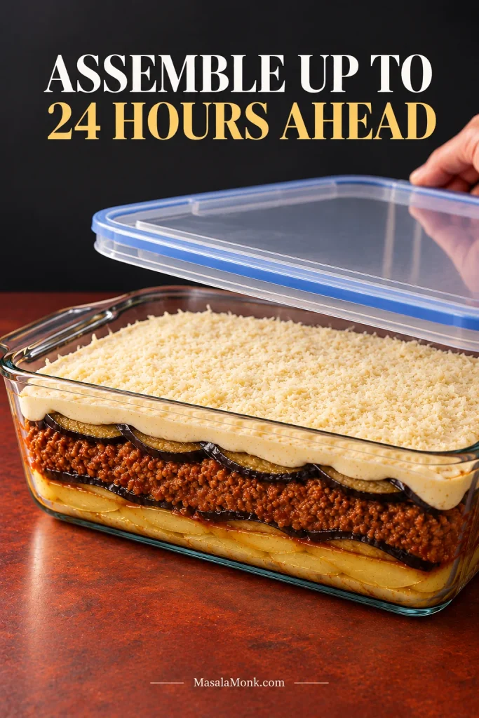 Unbaked layered moussaka in a clear rectangular casserole as a hand lowers a transparent lid over the dish.