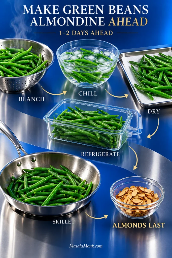 Make-ahead workflow showing green beans being blanched, chilled in ice water, dried, refrigerated, reheated in a skillet and finished with toasted almonds.