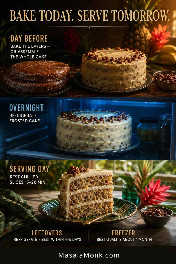 Make-ahead Hummingbird Cake guide showing wrapped cake layers, a frosted cake refrigerated overnight, a serving-day slice and leftover and freezer guidance.