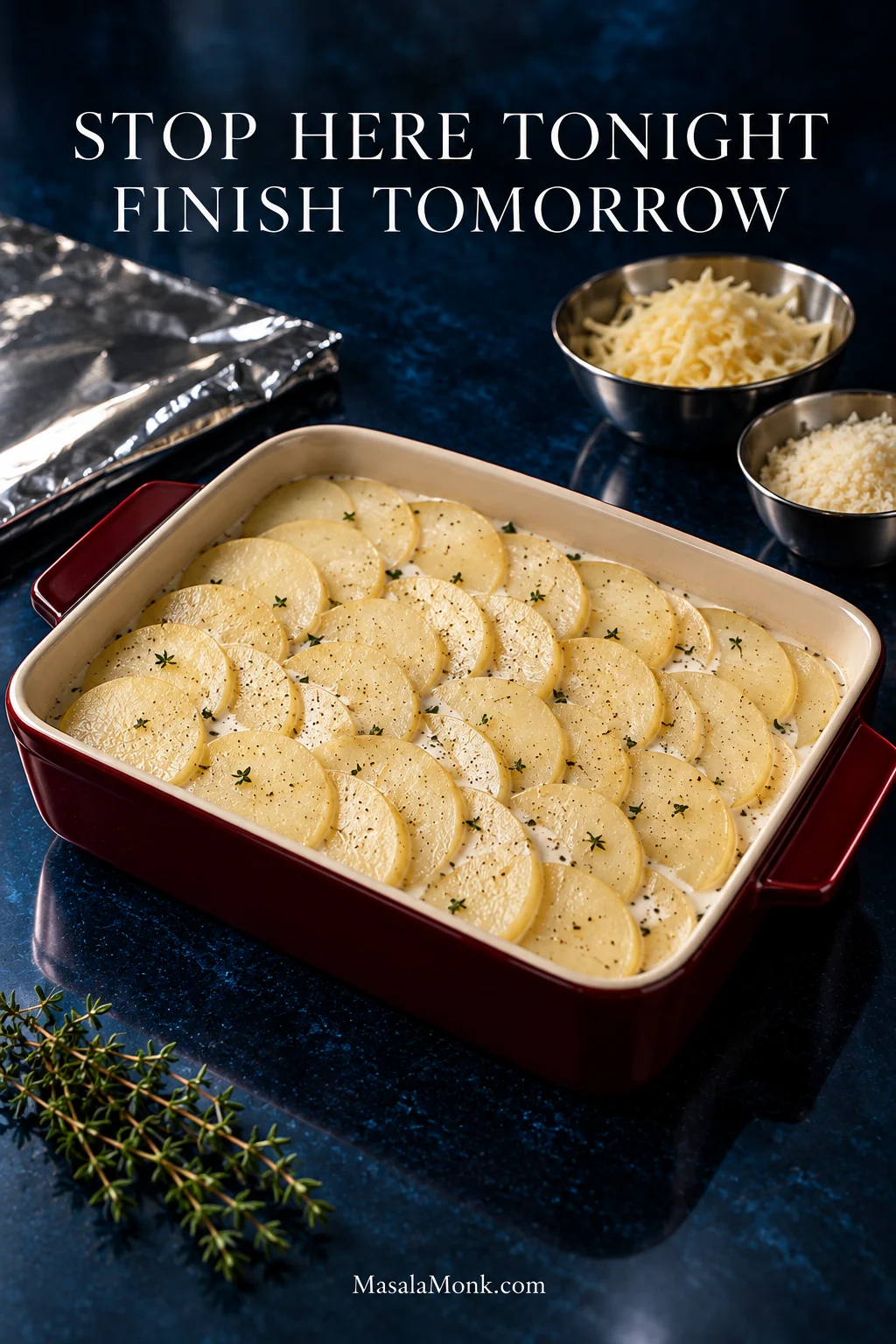 Unbaked layered potatoes sit in a red casserole with cream between the slices, reserved grated cheese in bowls, and foil nearby.
