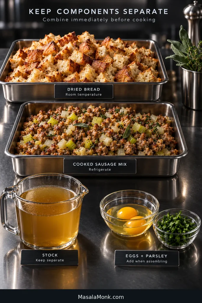 Separate make-ahead stuffing components on a metal counter: dried bread, cooked sausage and vegetables, stock, eggs and chopped parsley in individual containers.