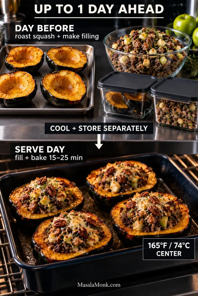 Make-ahead workflow showing roasted squash and cooked filling stored separately, then assembled the next day and baked until the center reaches 165°F or 74°C.