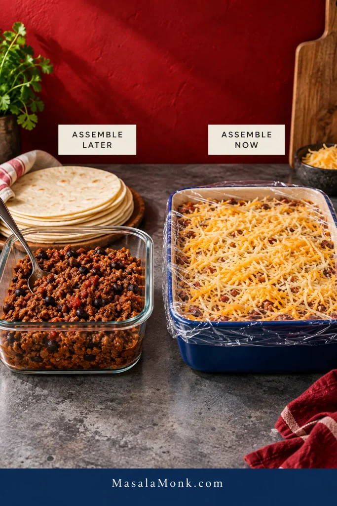 Two make-ahead taco casserole options labeled ASSEMBLE LATER and ASSEMBLE NOW: cooked beef-and-black-bean filling with fresh flour tortillas on the left, and an unbaked cheese-topped casserole covered for refrigeration on the right.