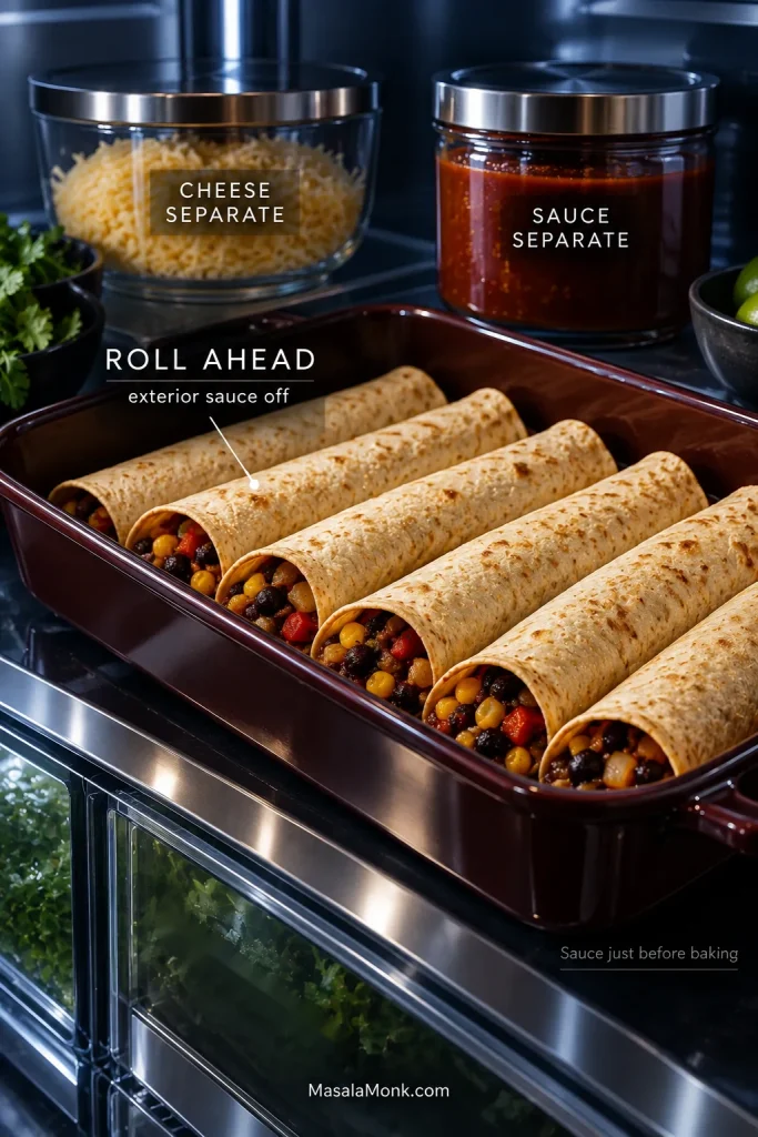 A refrigerator shelf holding rolled unsauced enchiladas in a baking dish with separate containers of red enchilada sauce and shredded cheese.
