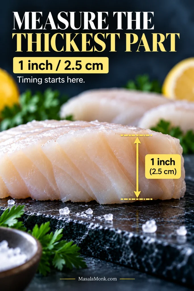 Side view of a raw cod fillet with a vertical bracket marking its thickest section at about 1 inch or 2.5 centimeters.