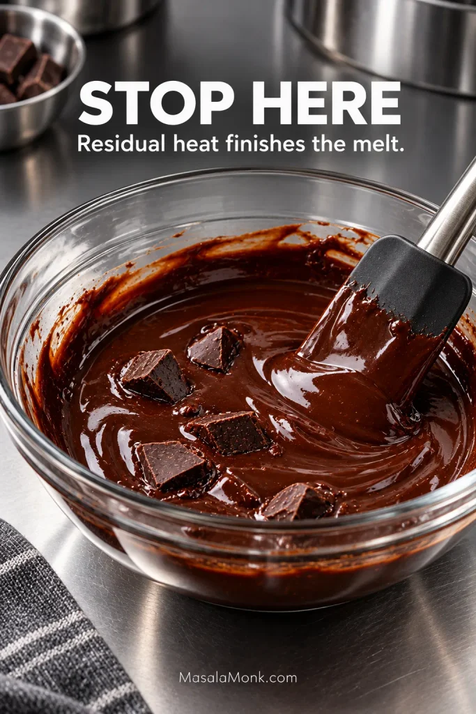 Glass bowl of mostly melted chocolate and butter with a few small solid chocolate pieces still visible in the glossy mixture.