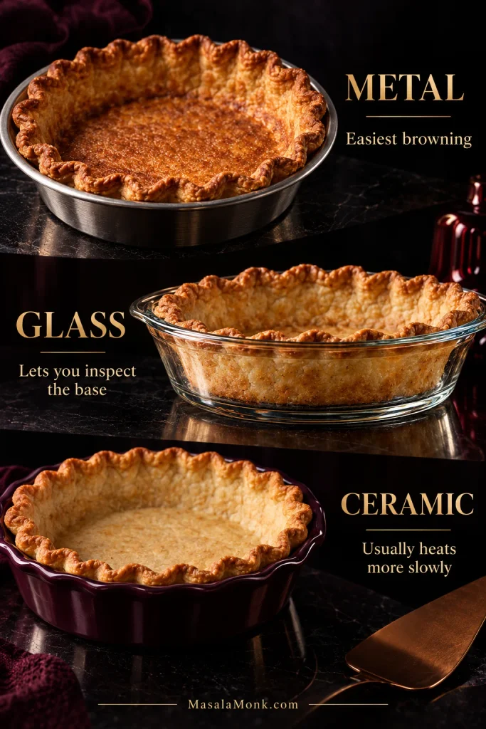 Comparison of pumpkin pies in metal, clear glass, and ceramic pie plates, with labels explaining bottom-browning speed and the ability to inspect the crust base.