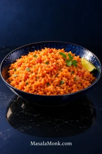 Bowl of orange-red Mexican rice with separate long grains, cilantro leaves and a lime wedge on a dark blue setting.