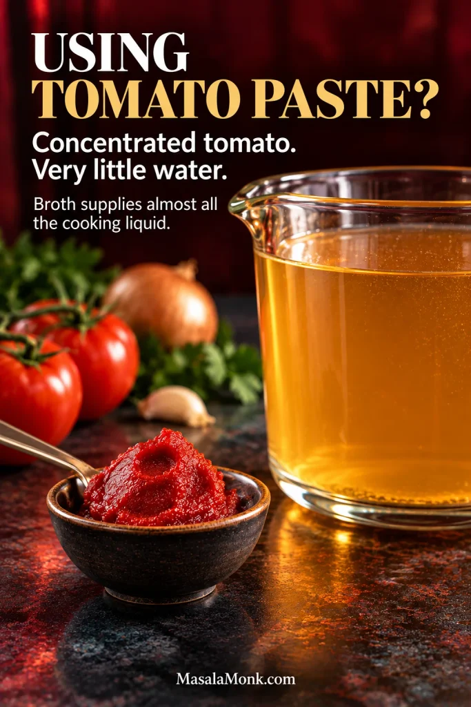 Small bowl of thick tomato paste beside a much larger clear vessel of golden broth on a dark burgundy surface.