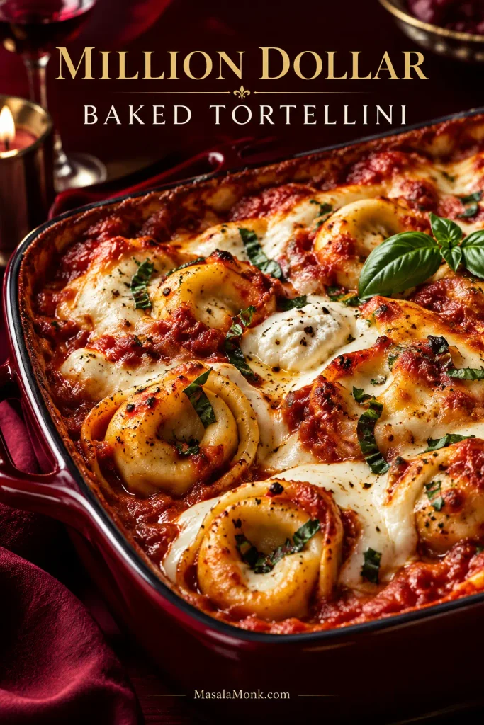 Rich baked tortellini in tomato sauce with creamy white cheese pockets, browned mozzarella and basil in a burgundy baking dish.
