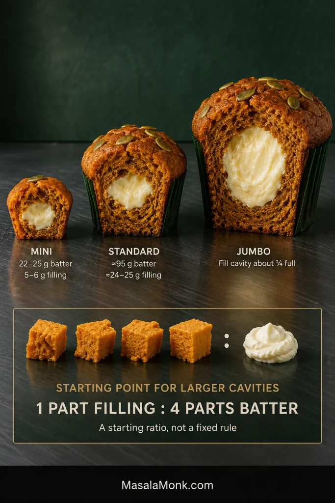Cut-open mini, standard and jumbo pumpkin cream cheese muffins with portion guidance and a one-part filling to four-parts batter scaling ratio.