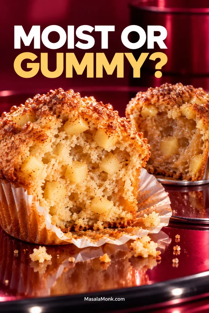 Two cut apple muffins comparing an open tender crumb in front with a compressed, glossy gummy center behind it.