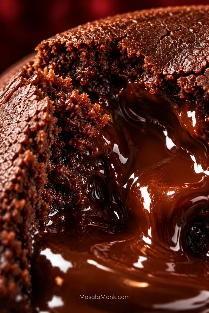 Extreme close-up of a broken chocolate lava cake showing baked crumb surrounding a glossy, fluid chocolate center.