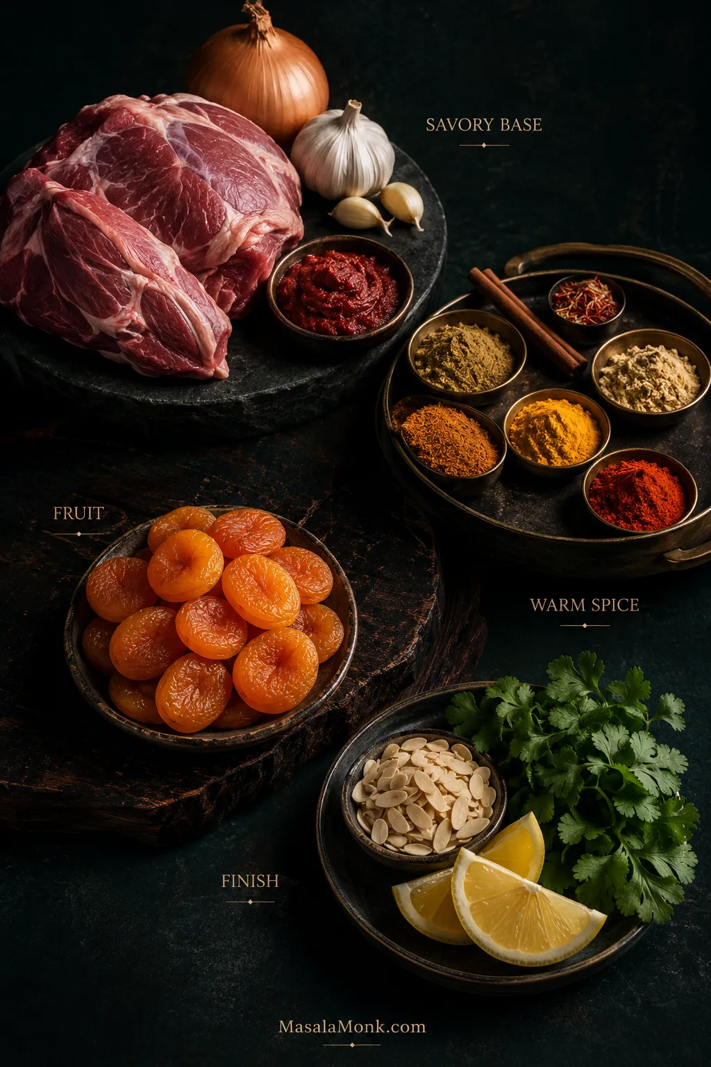 Dark editorial ingredient arrangement labeled savory base, warm spice, fruit and finish, showing the main flavor layers used in lamb tagine.