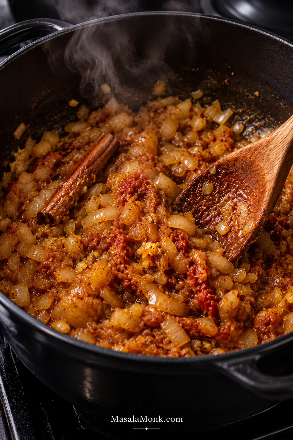 Soft onions, garlic, tomato paste, ground spices and a cinnamon stick cooking in a dark Dutch oven before the lamb and braising liquid are added.