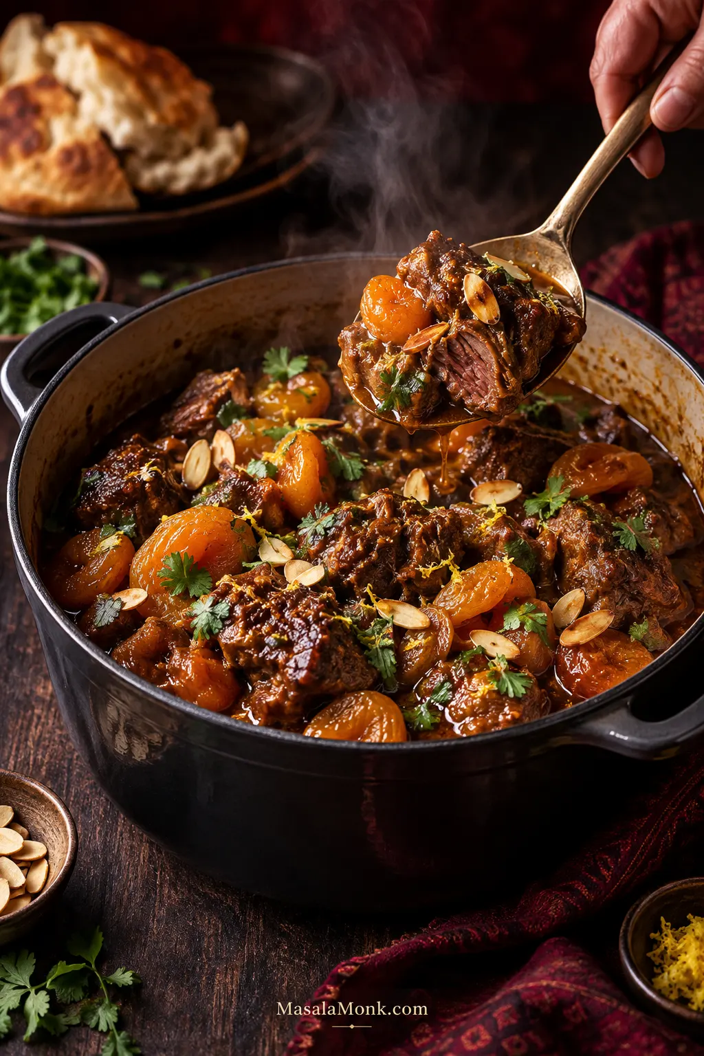 Finished Moroccan lamb tagine in a dark serving pot with braised lamb shoulder, plump dried apricots, toasted almonds, cilantro and glossy brown sauce.
