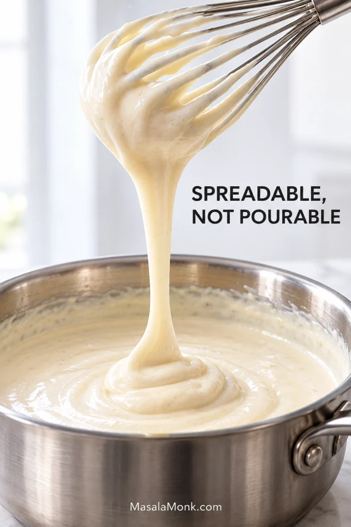 Thick pale béchamel falling from a whisk in a broad ribbon and folding onto the surface of the sauce in a stainless-steel pan.