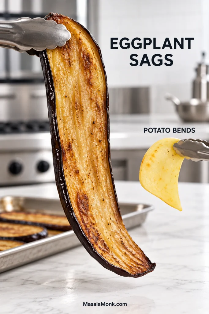 Roasted eggplant slice drooping from metal tongs beside a thin cooked potato slice bending while remaining intact.