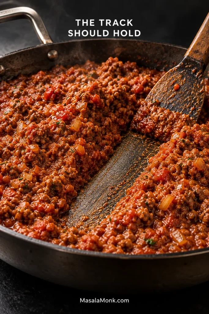 Thick ground-lamb tomato sauce pushed aside with a spatula, leaving an exposed strip of pan between two mounds of sauce.