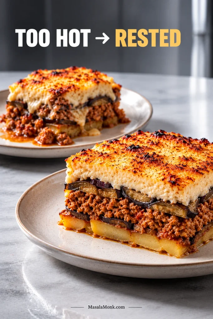 Firm rested moussaka slice in front with a softer, slumped slice of the same casserole behind it.