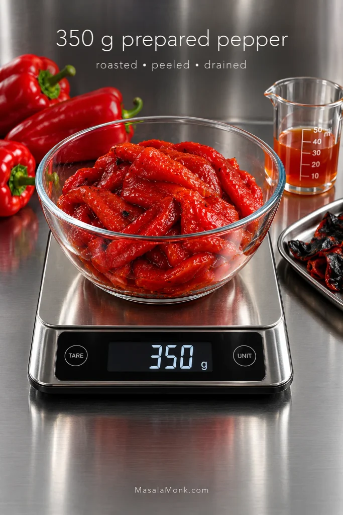 Digital kitchen scale reading 350 g beneath a glass bowl of roasted, peeled and drained red pepper flesh, with whole peppers, charred skins and collected pepper juice nearby.