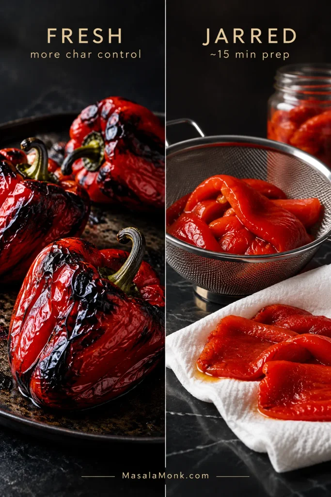Split comparison showing blistered freshly roasted red peppers on one side and drained jarred roasted pepper pieces in a metal sieve on the other.