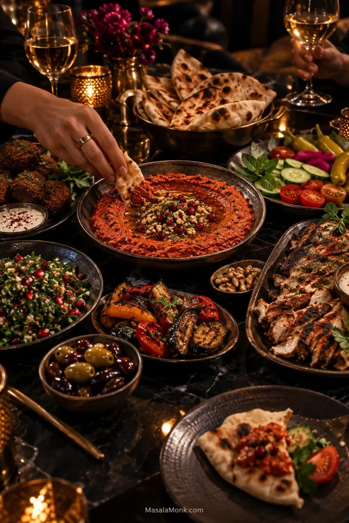Shared mezze table centered on muhammara with pita, falafel, tabbouleh, olives, pickled vegetables, grilled vegetables and sliced grilled chicken, with a hand dipping bread.