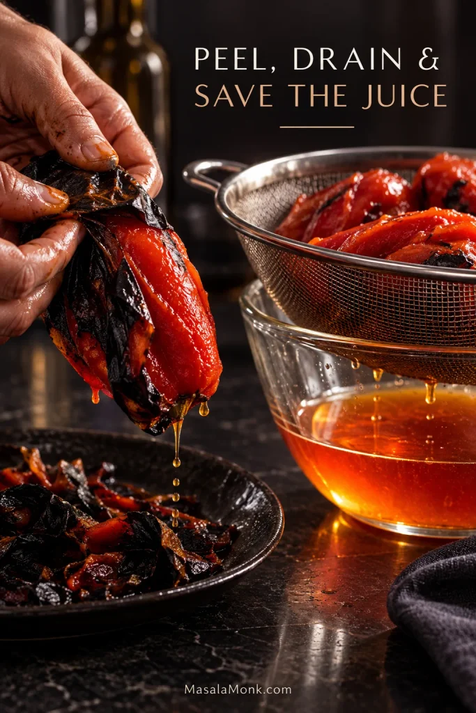 Hands peeling blackened skin from a roasted red pepper beside a metal sieve of peeled peppers, with red-orange pepper juice collecting in a glass bowl underneath.