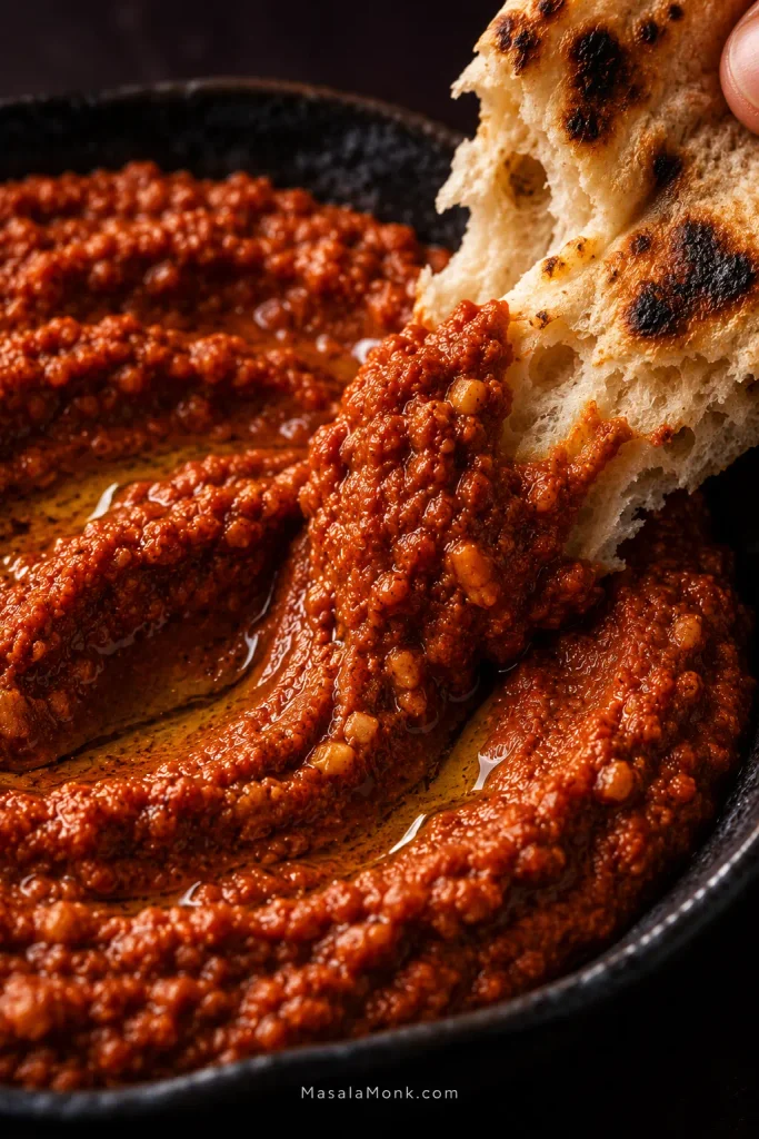 Close-up of torn, blistered pita dragging through thick brick-red muhammara, with the dip clinging to the bread and olive oil shining in its ridges.