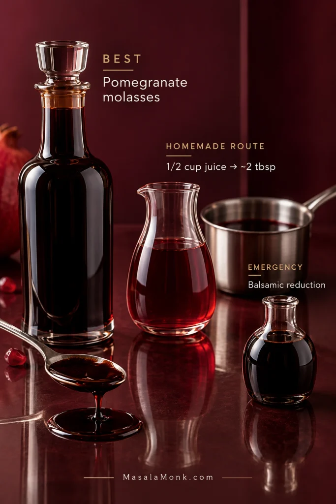 Substitution guide showing pomegranate molasses as the best option, reduced unsweetened pomegranate juice as the homemade alternative, and balsamic reduction as an emergency substitute.