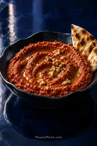 Brick-red muhammara in a dark scalloped bowl with olive oil in spoon ridges, walnut pieces and charred pita on a glossy cobalt-blue surface.