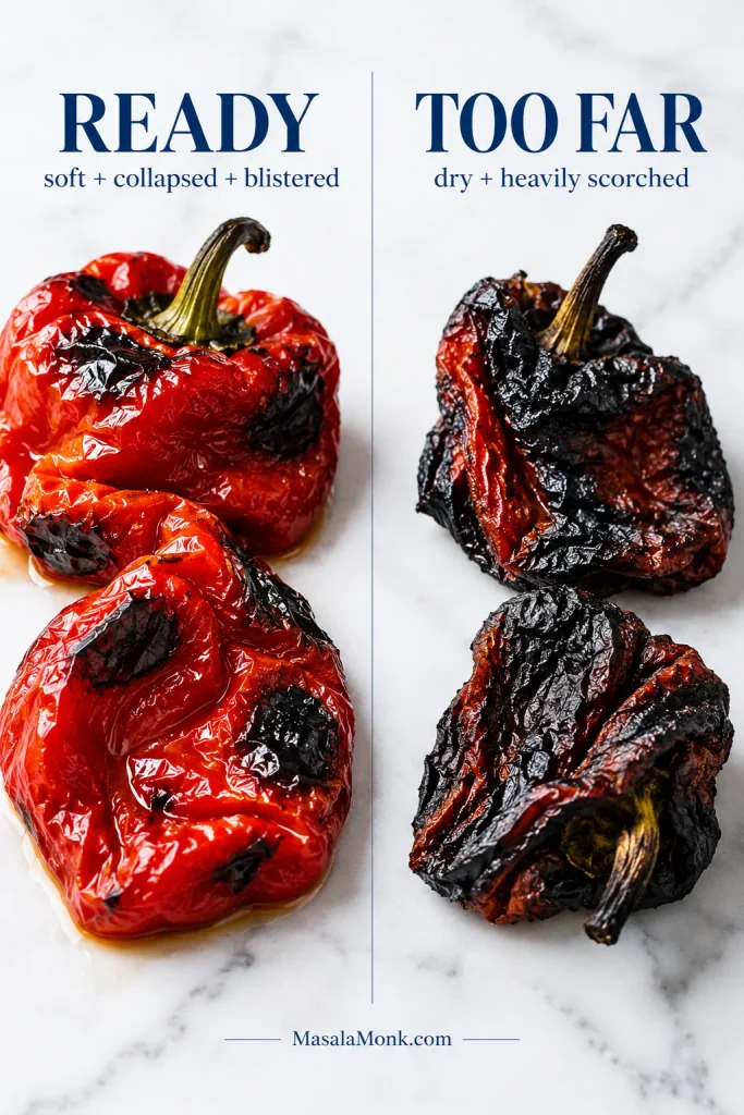 Split roasting guide labeled Ready and Too Far: the ready red pepper is soft, collapsed and blistered, while the over-roasted pepper is heavily scorched, dry and shriveled.
