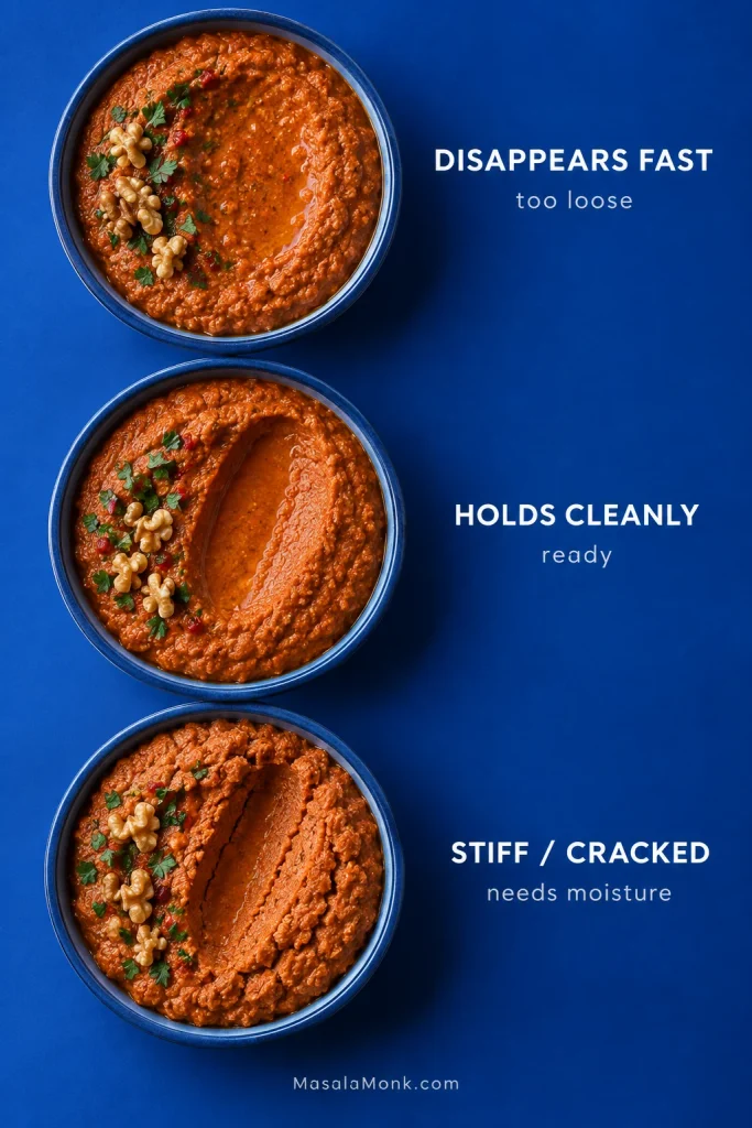 Three bowls demonstrate the muhammara spoon-groove test: a groove disappears in loose dip, holds cleanly in the correct texture, and cracks in dip that is too stiff.