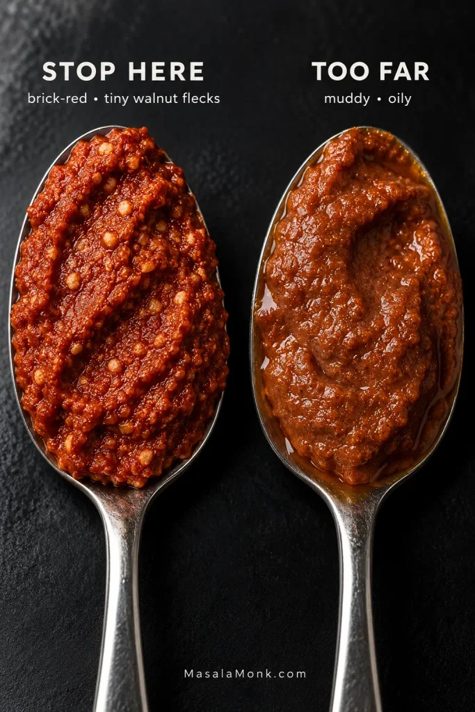 Two spoons compare properly processed brick-red muhammara with small walnut flecks against an overprocessed version that appears smoother, browner and oilier.