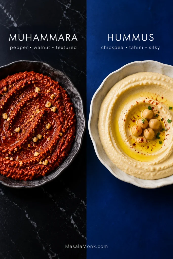 Side-by-side bowls compare textured brick-red muhammara made from roasted peppers and walnuts with pale, smooth hummus made from chickpeas and tahini.