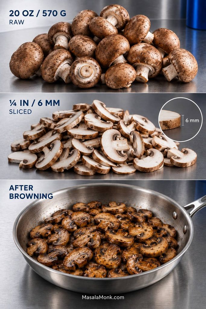 Three-stage guide showing 20 ounces or 570 grams of raw cremini mushrooms, slices about ¼ inch or 6 millimeters thick, and the smaller volume of mushrooms after browning.