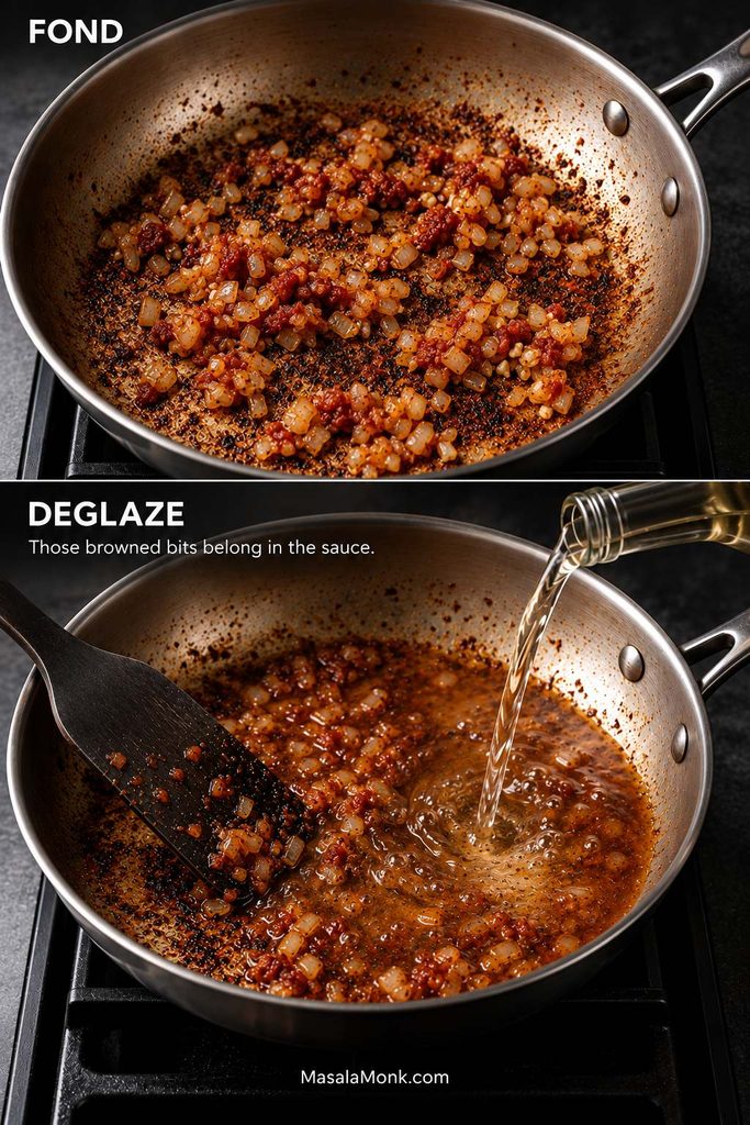 Two-step skillet comparison showing cooked onions and tomato paste over browned fond, followed by liquid being poured in while a spatula loosens the browned bits.