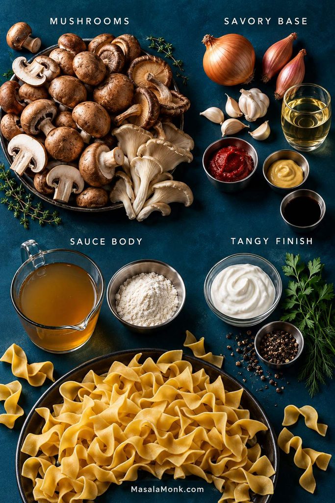 Mushroom stroganoff ingredients arranged in labeled groups for mushrooms, savory base, sauce body and tangy finish, with noodles, broth, sour cream, aromatics and seasonings.